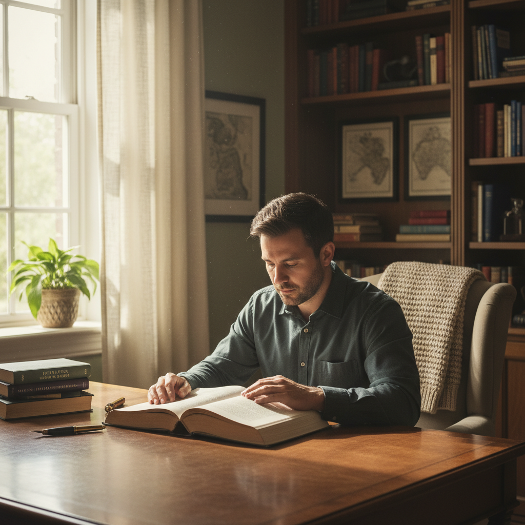 Homme assis à un bureau en bois, lisant un livre ouvert dans une pièce éclairée par la lumière naturelle filtrée à travers des rideaux en lin, symbolisant la réflexion et le développement intellectuel