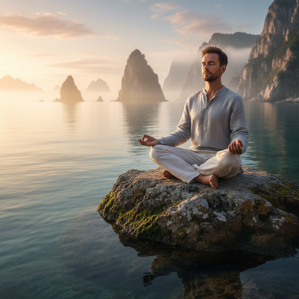 Homme assis en position de méditation sur une roche au bord d'un lac de montagne, dans une lumière matinale dorée, représentant la pratique de la pleine conscience dans un cadre naturel