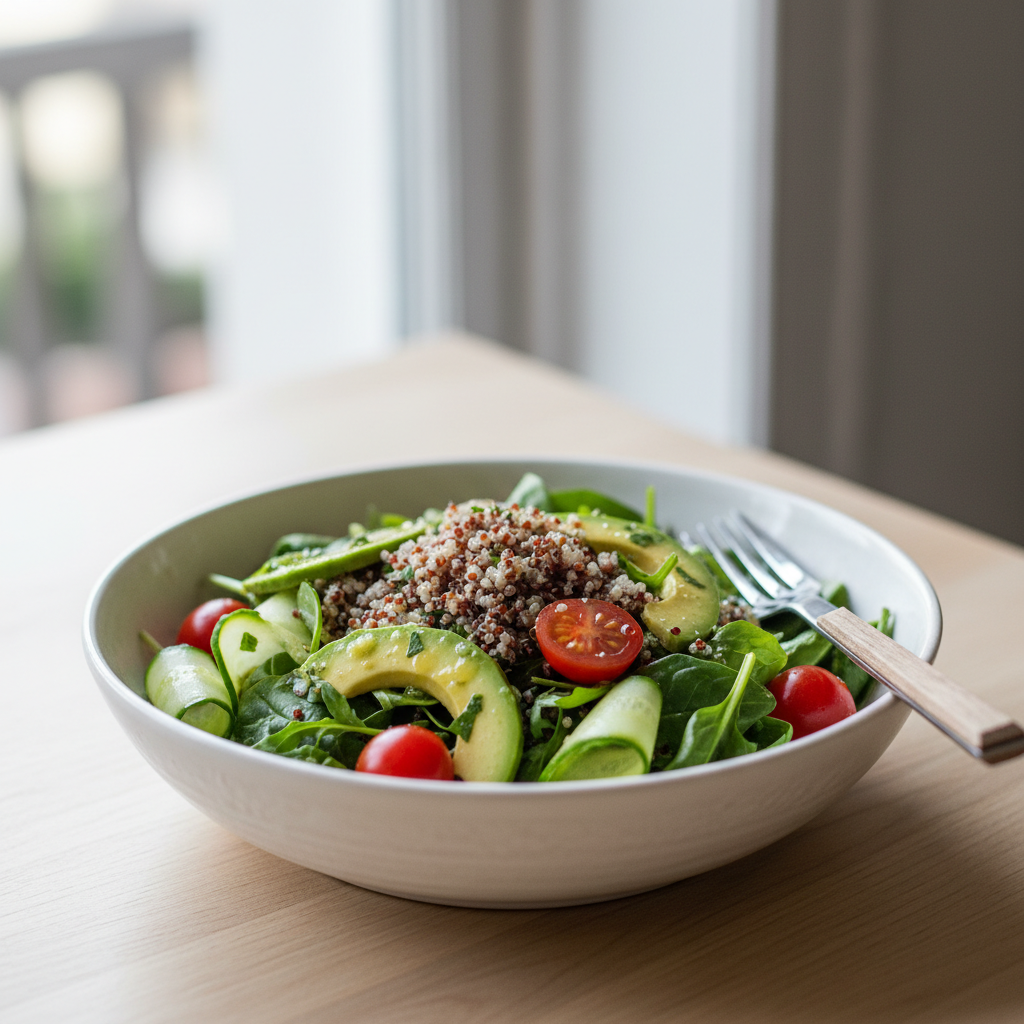 Composition soignée d'une assiette équilibrée avec légumes colorés, céréales complètes et protéines végétales, photographiée à la lumière naturelle sur une surface en bois brut