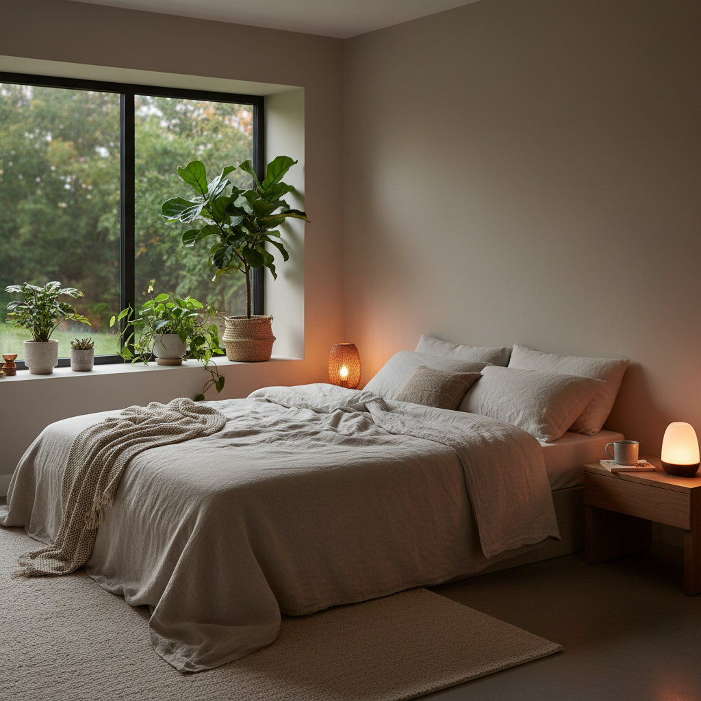 Chambre à coucher sobre et apaisante avec une lumière tamisée et chaude, draps en lin naturel et plantes vertes sur un rebord de fenêtre, évoquant un environnement propice à un sommeil de qualité